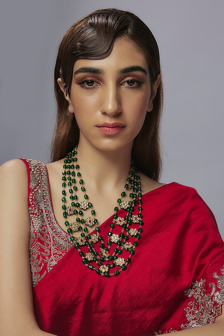 Gold Finish Green Quartz & Kundan Polki Layered Necklace by Jovi Jewels at Pernia's Pop Up Shop