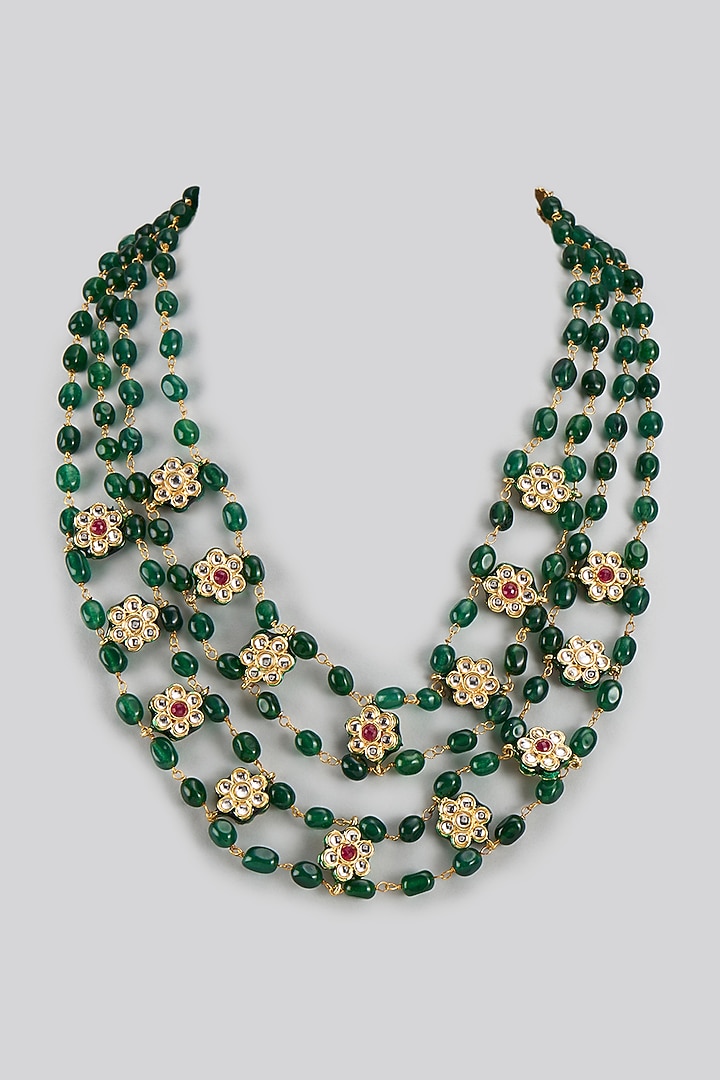 Gold Finish Green Quartz & Kundan Polki Layered Necklace by Jovi Jewels at Pernia's Pop Up Shop