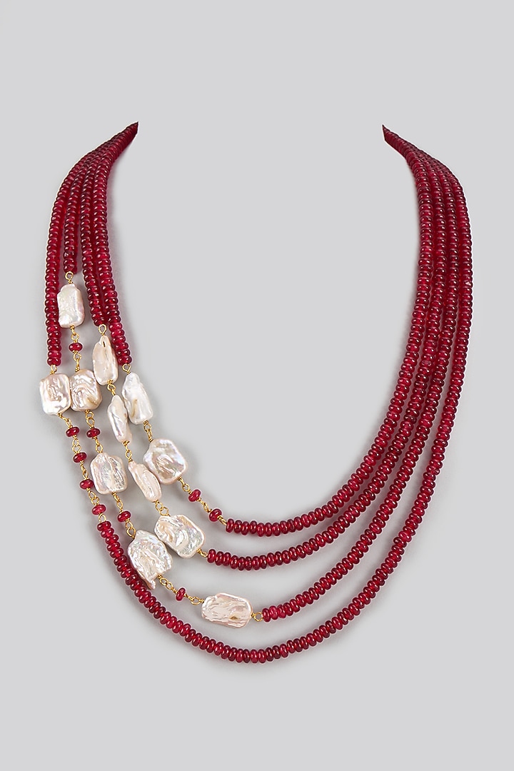 Red Freshwater Pearl & Jade Beads Layered Necklace by Jovi Jewels at Pernia's Pop Up Shop