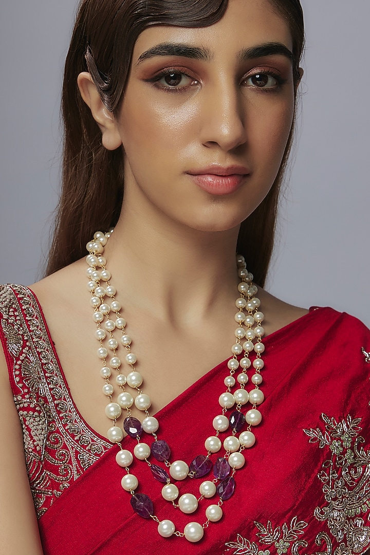 Gold Finish Shell Pearl & Semi-Precious Amethyst Layered Necklace by Jovi Jewels at Pernia's Pop Up Shop
