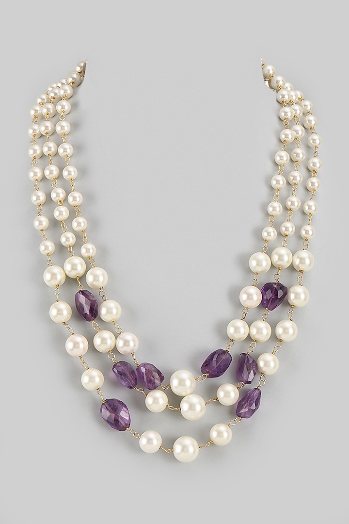 Gold Finish Shell Pearl & Semi-Precious Amethyst Layered Necklace by Jovi Jewels at Pernia's Pop Up Shop