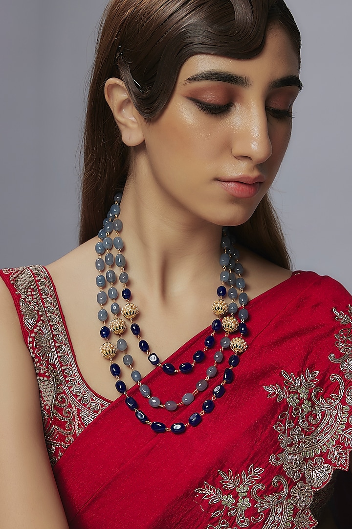 Gold Finish Blue & Grey Quartz Layered Necklace by Jovi Jewels at Pernia's Pop Up Shop