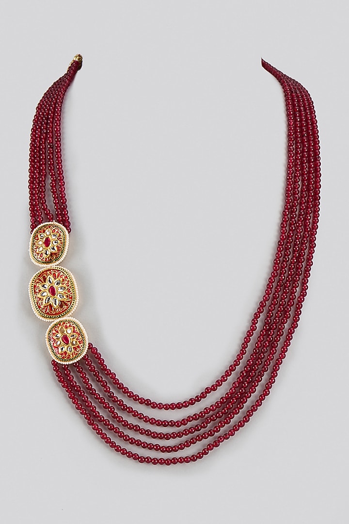 Gold Finish Red Jade & Kundan Polki Long Necklace by Jovi Jewels at Pernia's Pop Up Shop