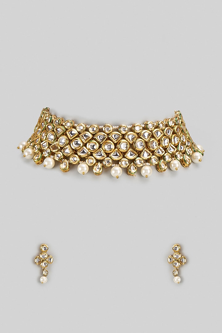 Gold Finish Shell Pearl & Kundan Polki Choker Necklace Set by Jovi Jewels at Pernia's Pop Up Shop