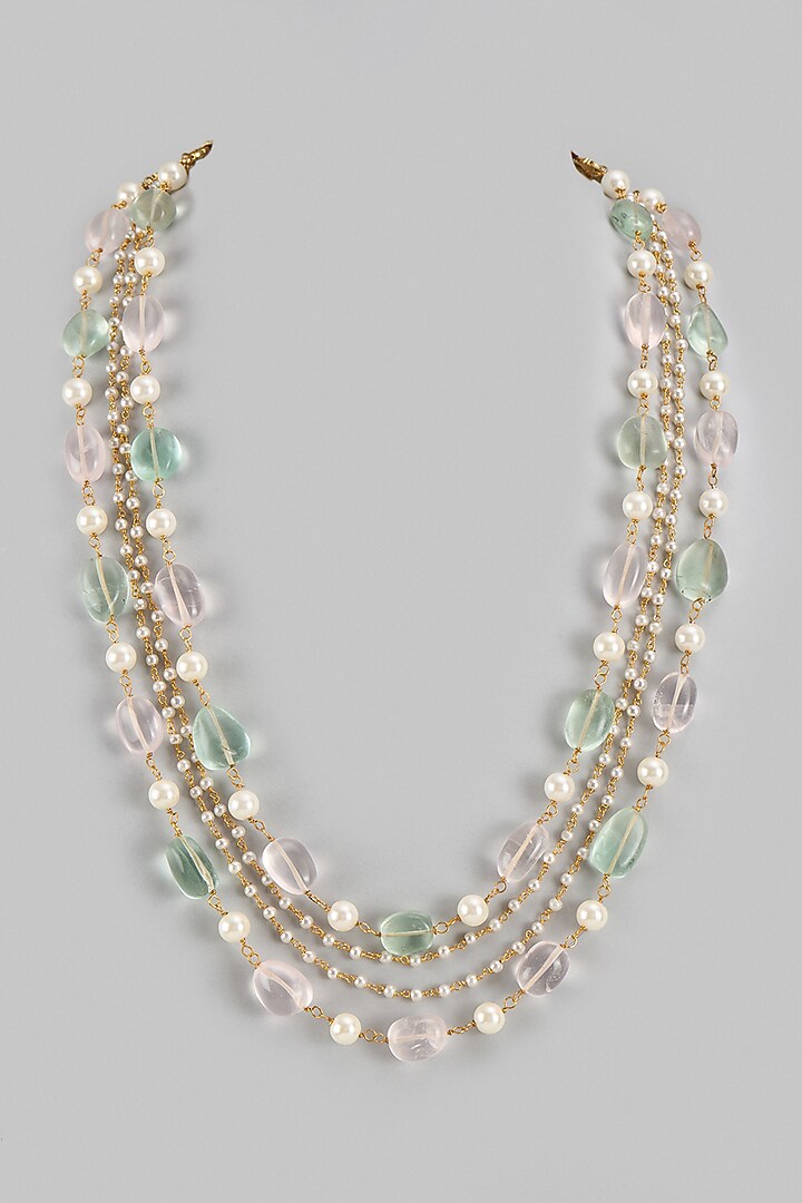 Multi-Colored Rose Quartz & Shell Pearl Long Layered Necklace by Jovi Jewels at Pernia's Pop Up Shop