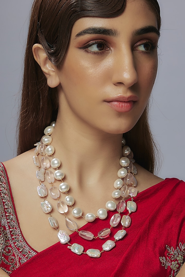 Gold Finish Rose Quartz & Shell Pearl Layered Necklace by Jovi Jewels