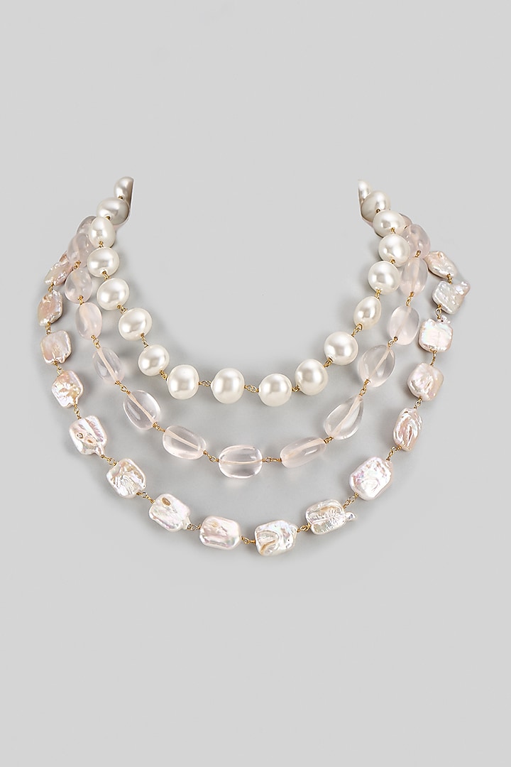 Gold Finish Rose Quartz & Shell Pearl Layered Necklace by Jovi Jewels at Pernia's Pop Up Shop