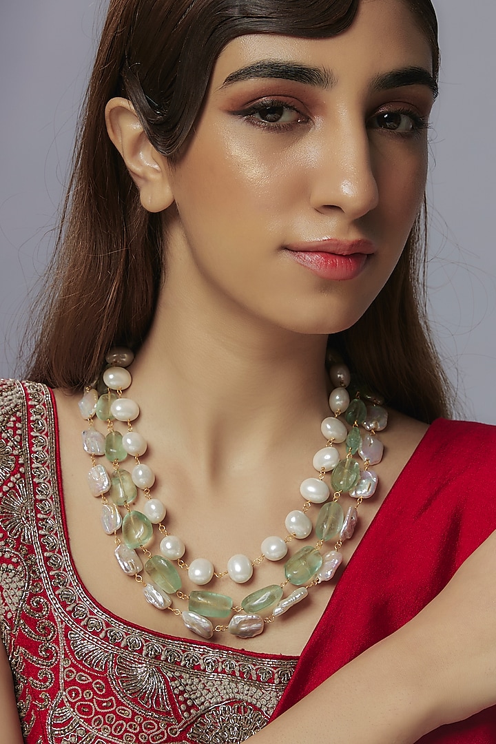 Gold Finish Flourite & Shell Pearl Layered Necklace by Jovi Jewels