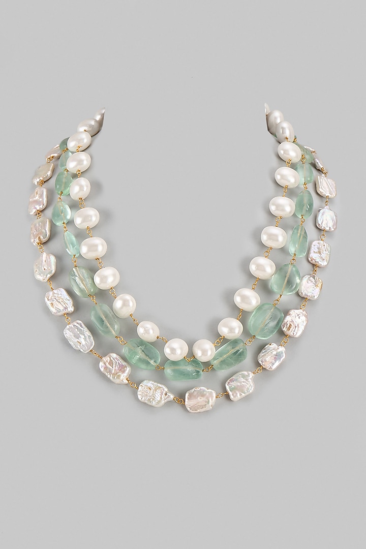 Gold Finish Flourite & Shell Pearl Layered Necklace by Jovi Jewels at Pernia's Pop Up Shop