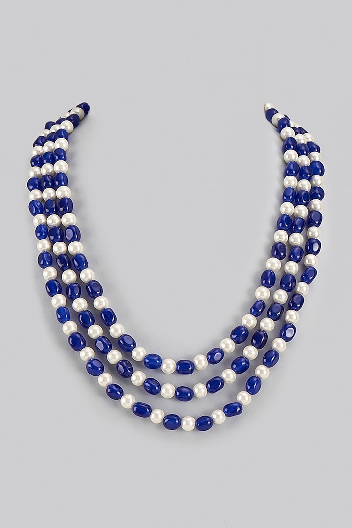 Multi-Colored Semi-Precious Blue Quartz & Shell Pearl Layered Necklace by Jovi Jewels