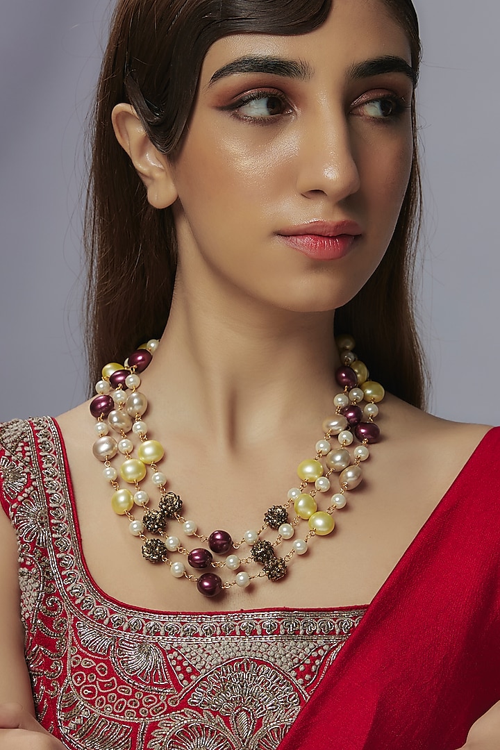 Gold Finish Shell Pearl Layered Necklace by Jovi Jewels