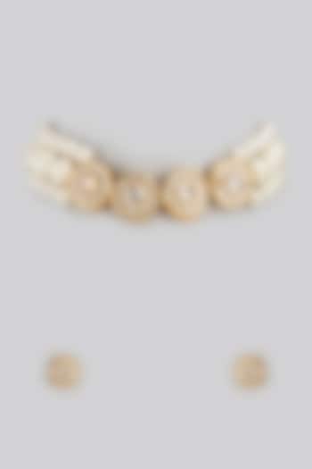 Gold Finish Kundan Polki & Pearl Choker Necklace Set by Jovi Jewels