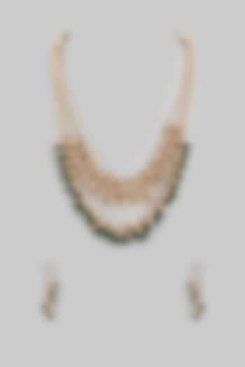 Gold Finish Shell Pearl & Onyx Long Necklace Set by Jovi Jewels