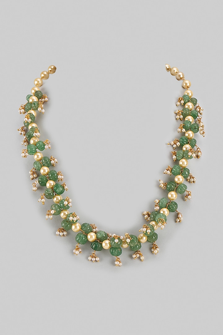 Gold Finish Quartz & Pearl Long Necklace by Jovi Jewels