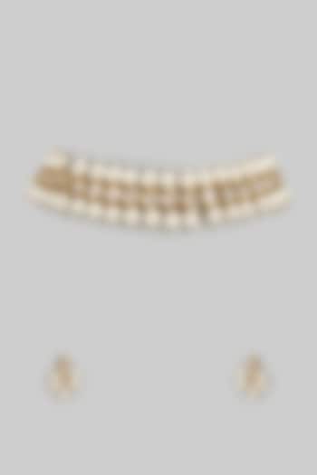 Gold Finish Kundan Polki & Pearl Choker Necklace Set by Jovi Jewels