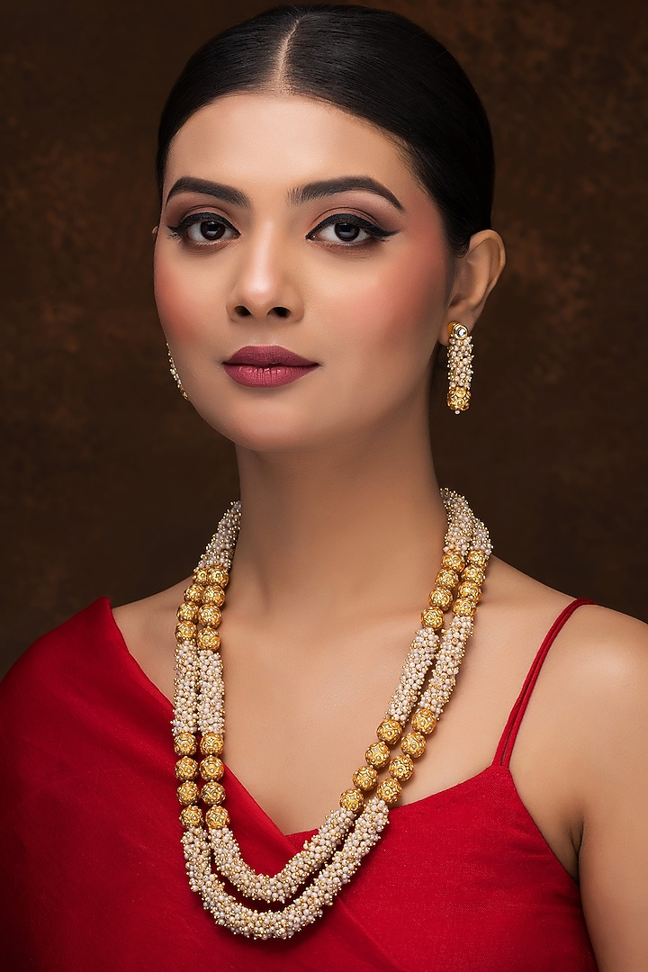 Gold Finish Pearl Long Layered Necklace Set by Jovi Jewels at Pernia's Pop Up Shop