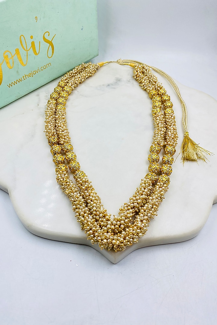 Gold Finish Pearl Long Layered Necklace Set by Jovi Jewels at Pernia's Pop Up Shop