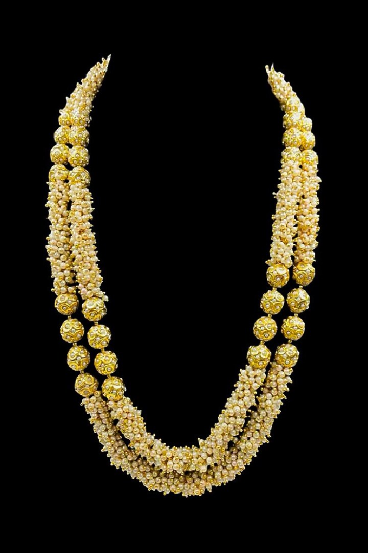 Gold Finish Pearl Long Layered Necklace Set by Jovi Jewels at Pernia's Pop Up Shop