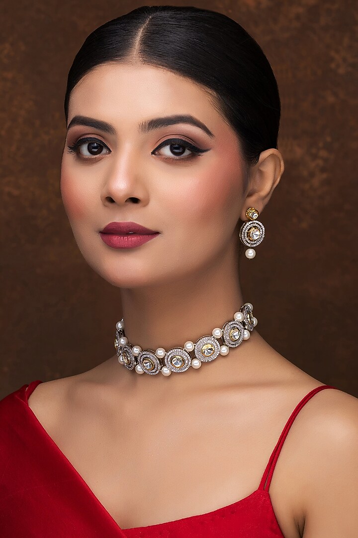 Gold Finish Kundan Polki & Pearl Choker Necklace Set by Jovi Jewels at Pernia's Pop Up Shop