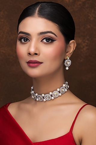 Gold Finish Kundan Polki & Pearl Choker Necklace Set by Jovi Jewels
