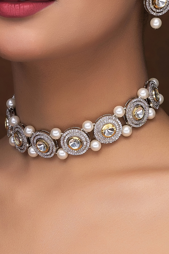 Gold Finish Kundan Polki & Pearl Choker Necklace Set by Jovi Jewels at Pernia's Pop Up Shop