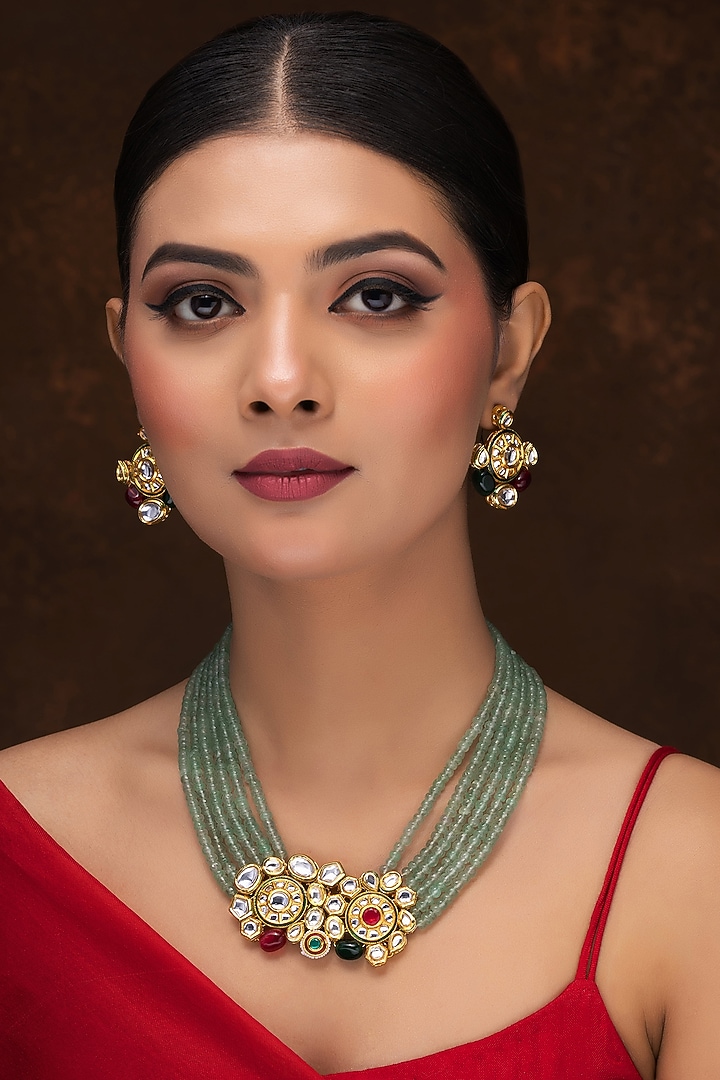 Gold Finish Kundan Polki & Green Beaded Necklace Set by Jovi Jewels at Pernia's Pop Up Shop