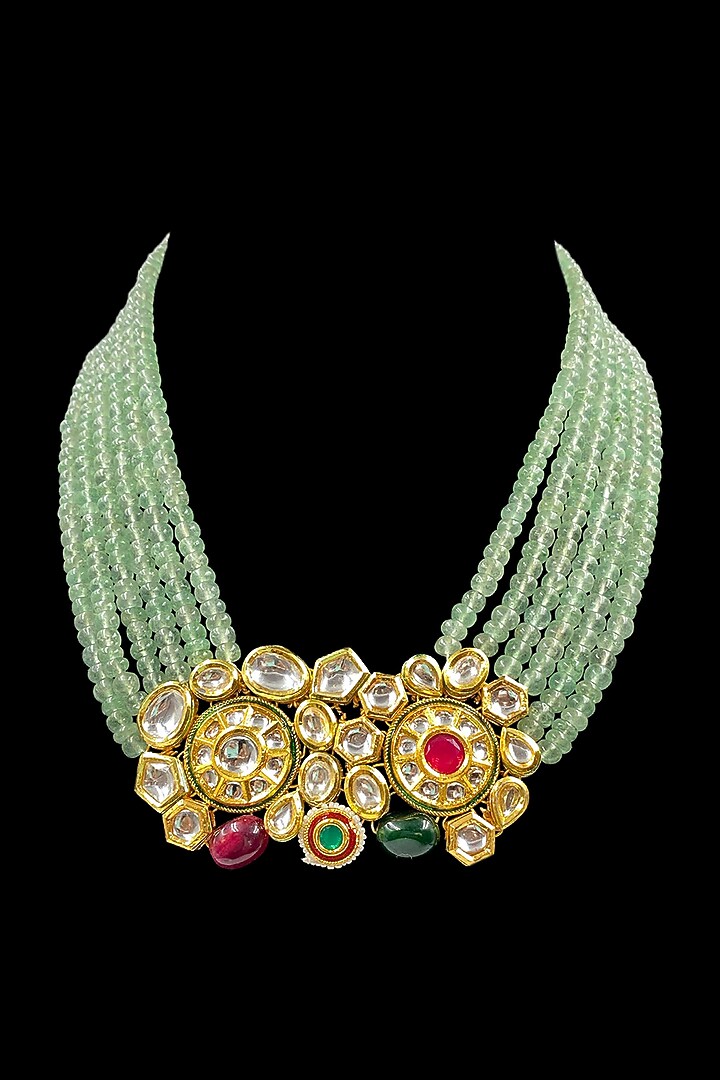 Gold Finish Kundan Polki & Green Beaded Necklace Set by Jovi Jewels at Pernia's Pop Up Shop