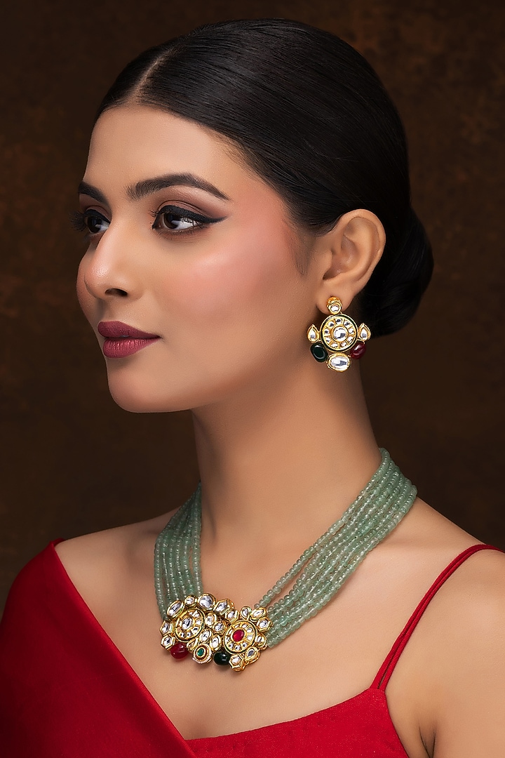 Gold Finish Kundan Polki & Green Beaded Necklace Set by Jovi Jewels at Pernia's Pop Up Shop