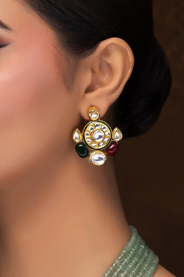 Gold Finish Kundan Polki & Green Beaded Necklace Set by Jovi Jewels at Pernia's Pop Up Shop