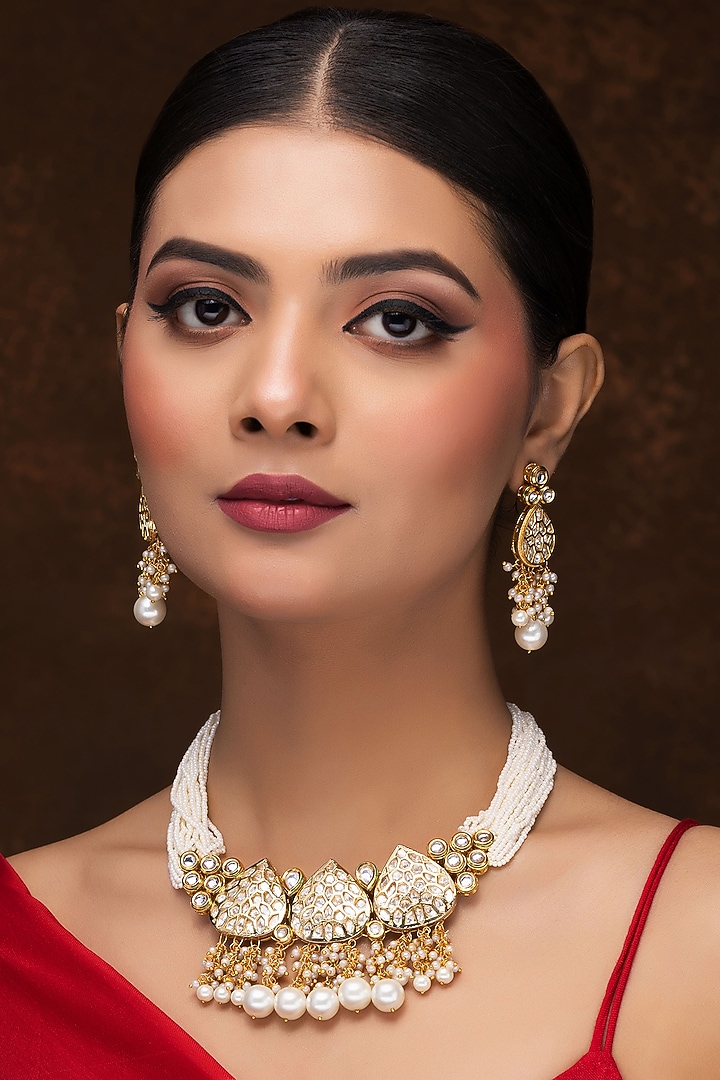 Gold Finish Kundan Polki & Pearl Necklace Set by Jovi Jewels at Pernia's Pop Up Shop