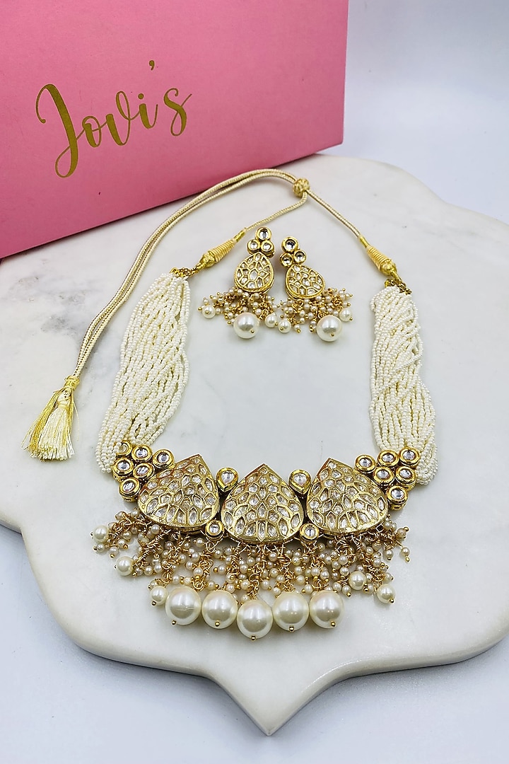 Gold Finish Kundan Polki & Pearl Necklace Set by Jovi Jewels at Pernia's Pop Up Shop