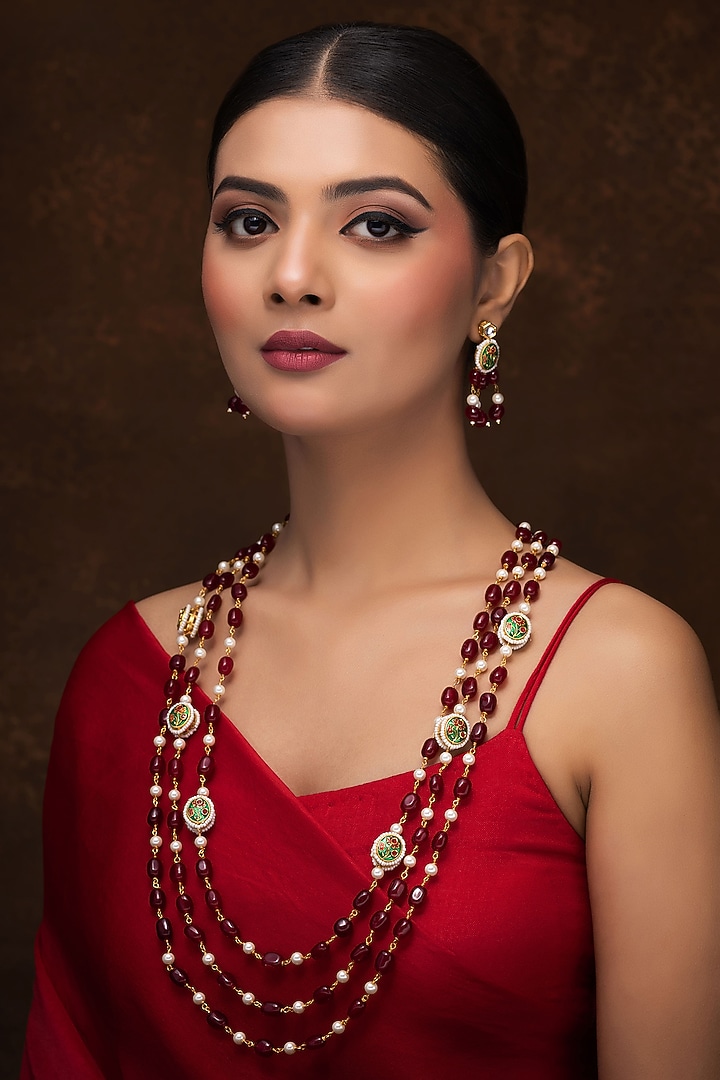 Gold Finish Red Quartz & Kundan Polki Long Necklace Set by Jovi Jewels at Pernia's Pop Up Shop