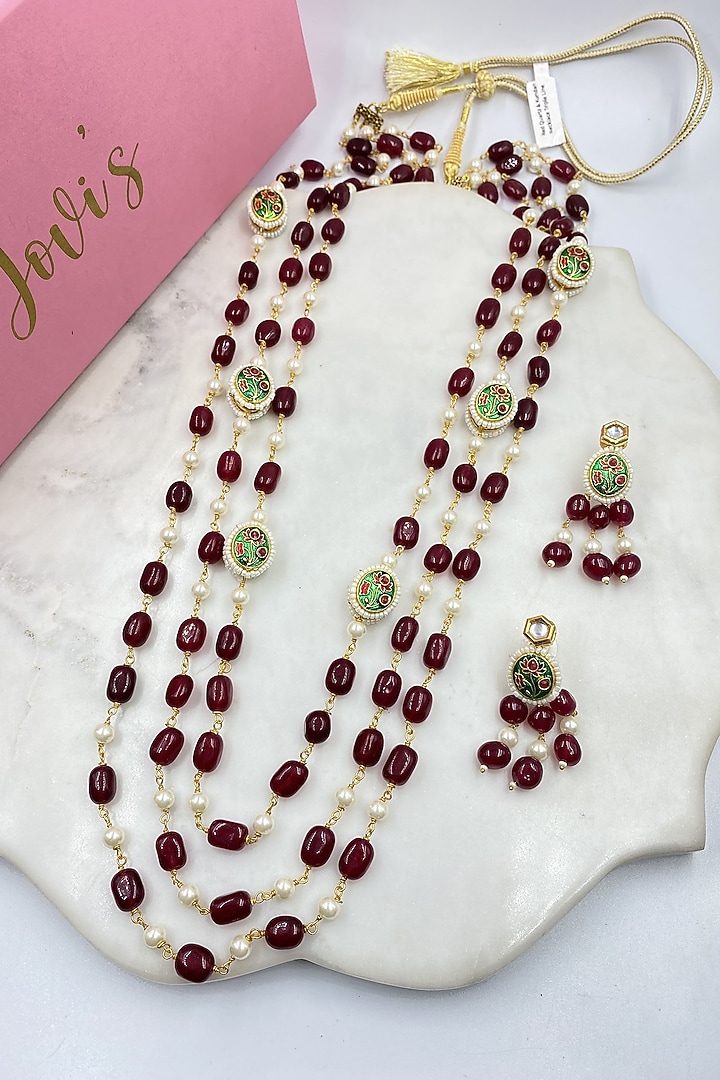 Gold Finish Red Quartz & Kundan Polki Long Necklace Set by Jovi Jewels at Pernia's Pop Up Shop