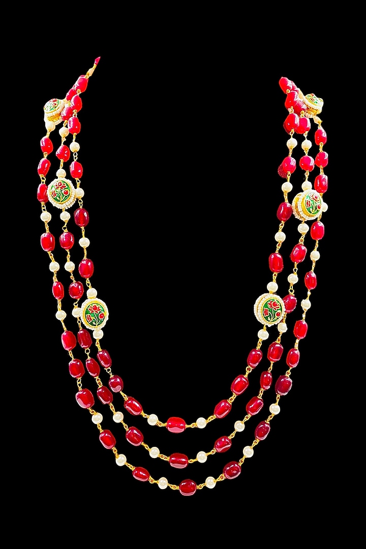 Gold Finish Red Quartz & Kundan Polki Long Necklace Set by Jovi Jewels at Pernia's Pop Up Shop