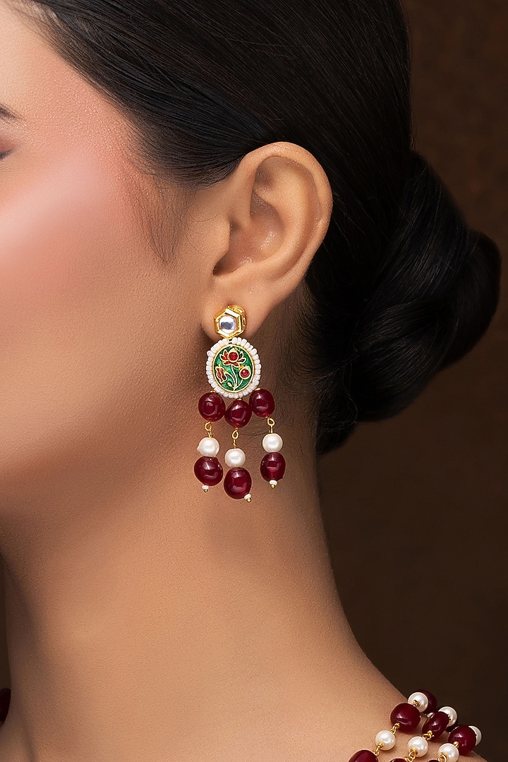 Gold Finish Red Quartz & Kundan Polki Long Necklace Set by Jovi Jewels at Pernia's Pop Up Shop