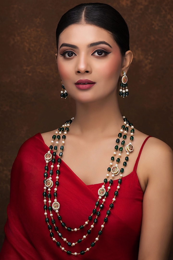 Gold Finish Green Quartz & Kundan Polki Long Necklace Set by Jovi Jewels at Pernia's Pop Up Shop