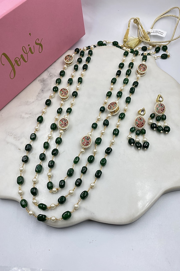 Gold Finish Green Quartz & Kundan Polki Long Necklace Set by Jovi Jewels at Pernia's Pop Up Shop