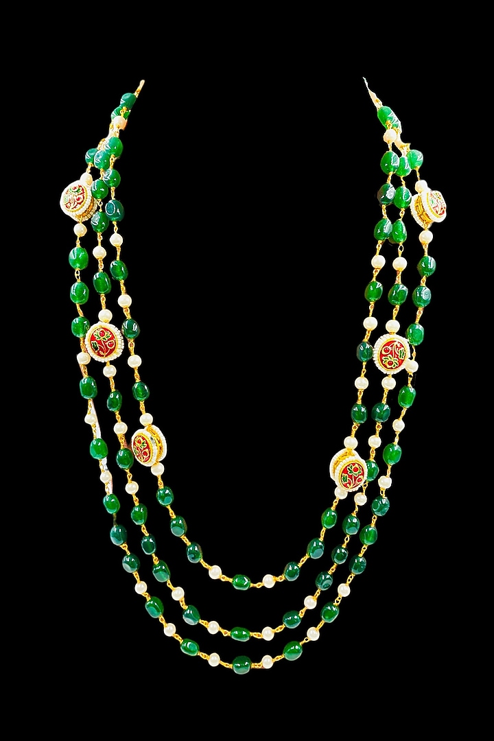 Gold Finish Green Quartz & Kundan Polki Long Necklace Set by Jovi Jewels at Pernia's Pop Up Shop