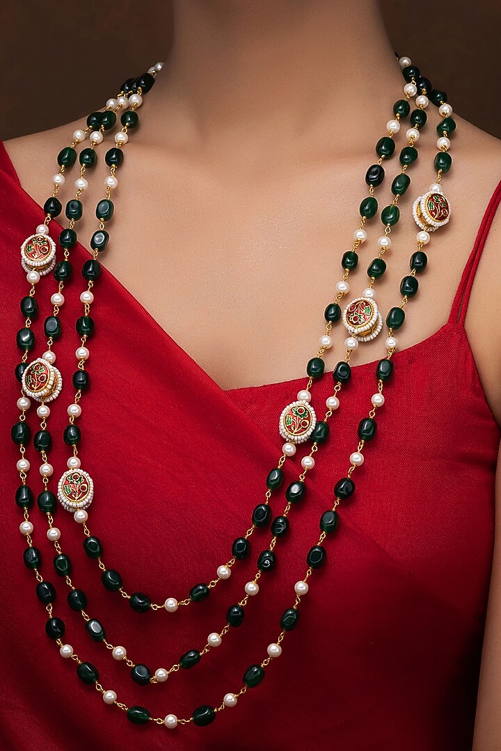 Gold Finish Green Quartz & Kundan Polki Long Necklace Set by Jovi Jewels at Pernia's Pop Up Shop