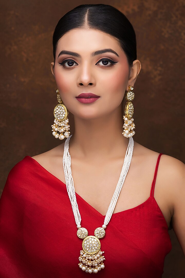 Gold Finish Kundan Polki & Pearl Long Necklace Set by Jovi Jewels at Pernia's Pop Up Shop