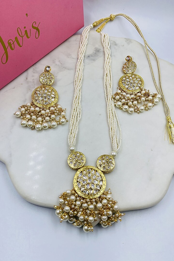 Gold Finish Kundan Polki & Pearl Long Necklace Set by Jovi Jewels at Pernia's Pop Up Shop