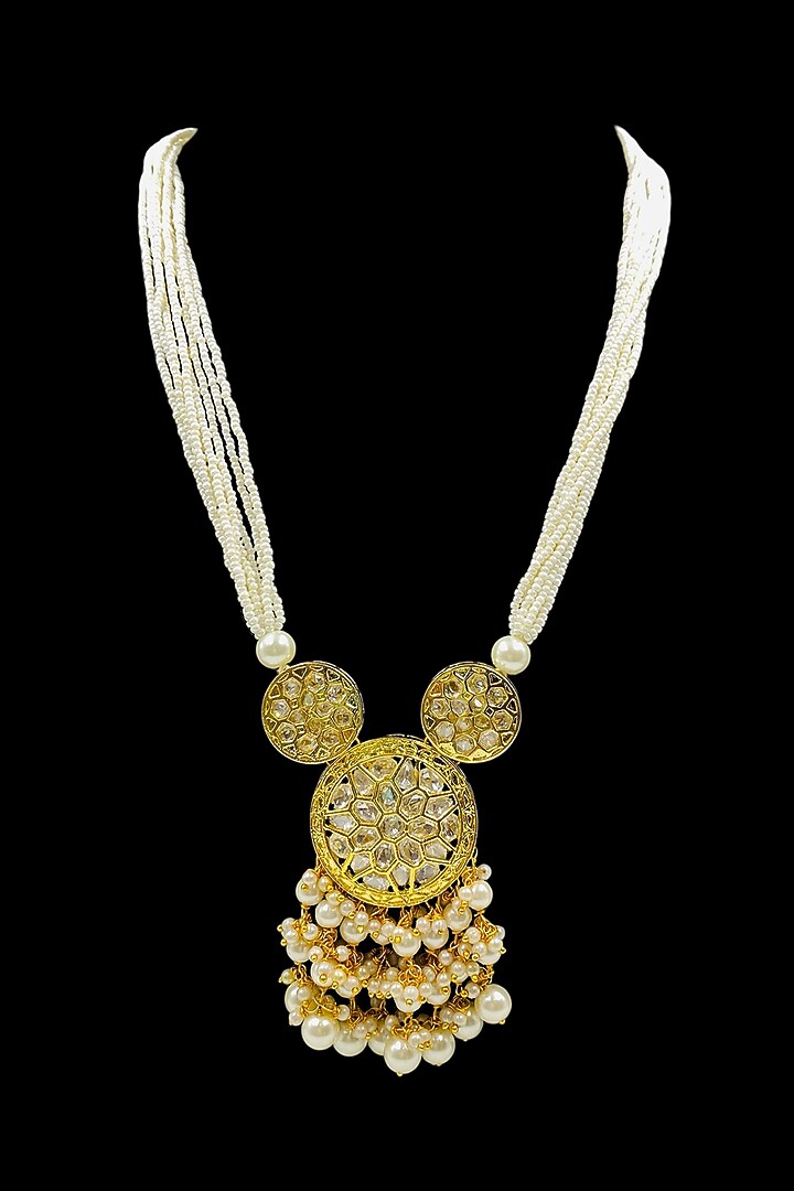 Gold Finish Kundan Polki & Pearl Long Necklace Set by Jovi Jewels at Pernia's Pop Up Shop