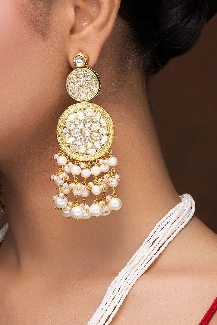 Gold Finish Kundan Polki & Pearl Long Necklace Set by Jovi Jewels at Pernia's Pop Up Shop