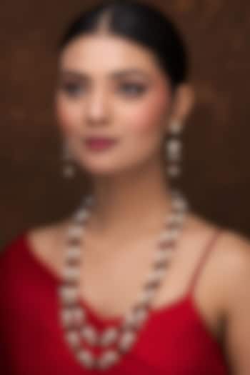 Gold Finish Red Quartz & Shell Pearl Long Layered Necklace Set by Jovi Jewels at Pernia's Pop Up Shop