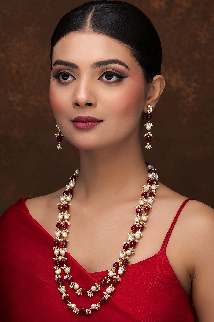 Gold Finish Red Quartz & Shell Pearl Long Layered Necklace Set by Jovi Jewels at Pernia's Pop Up Shop