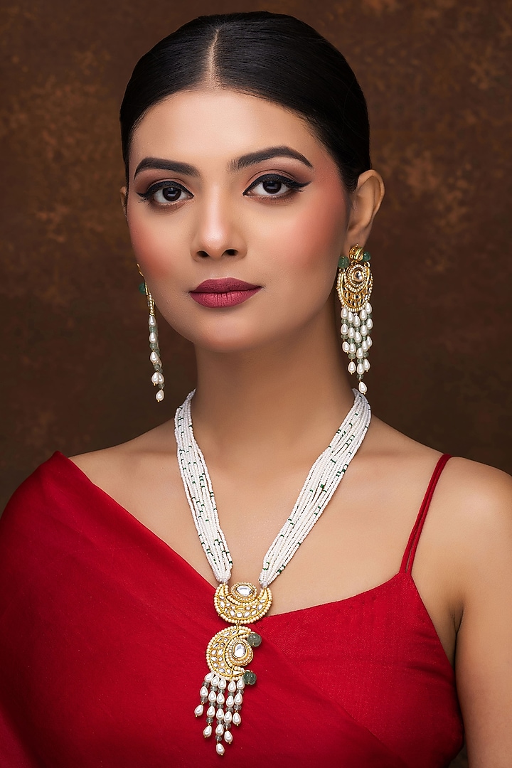 Gold Finish Kundan Polki & Pearl Long Necklace Set by Jovi Jewels at Pernia's Pop Up Shop