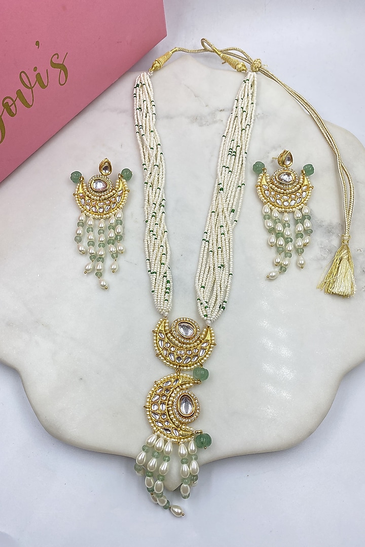 Gold Finish Kundan Polki & Pearl Long Necklace Set by Jovi Jewels at Pernia's Pop Up Shop