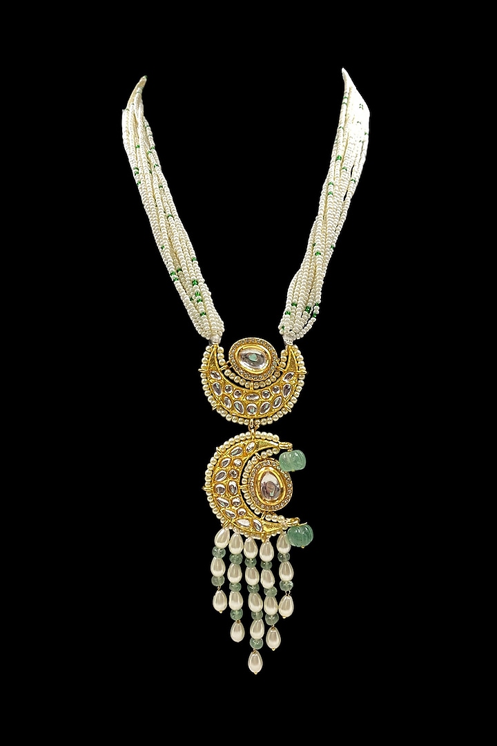 Gold Finish Kundan Polki & Pearl Long Necklace Set by Jovi Jewels at Pernia's Pop Up Shop