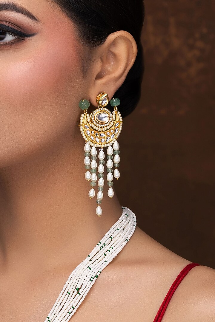 Gold Finish Kundan Polki & Pearl Long Necklace Set by Jovi Jewels at Pernia's Pop Up Shop