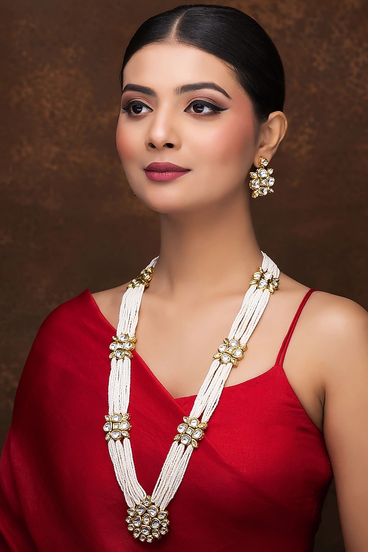 Gold Finish Kundan Polki & Pearl Long Necklace Set by Jovi Jewels at Pernia's Pop Up Shop